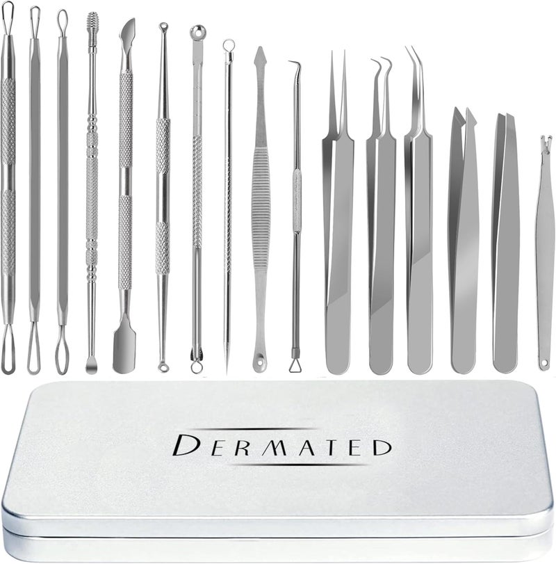 DERMATED 16 Pcs Blackhead Remover Tools Surgical Stainless Steel 410 | Pimple Popper Tool Kit | Stainless Steel Professional Pimple Extractor Tool Kit for Blackheads, Comdone, Acne, Zit, and Whiteheads - Image 1